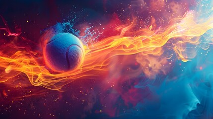 Fiery baseball explodes with dynamic energy and vibrant colors representing intense competition and athletic power.