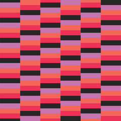 Pattern created from rows of  black, coral orange, red and pink rectangles