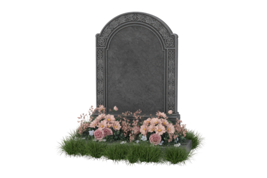Ornate grey headstone with pink flowers and grass, isolated on transparent background. background removed
