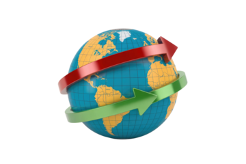Global interconnectedness visualized with a 3D earth model encircled by red and green arrows symbolizing worldwide exchange. background removed