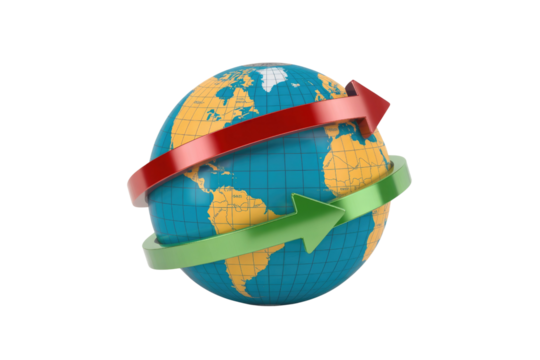 Global interconnectedness visualized with a 3D earth model encircled by red and green arrows symbolizing worldwide exchange. background removed