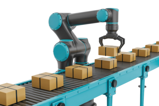 A robotic arm sorts cardboard boxes on a conveyor belt in a automated warehouse. background removed