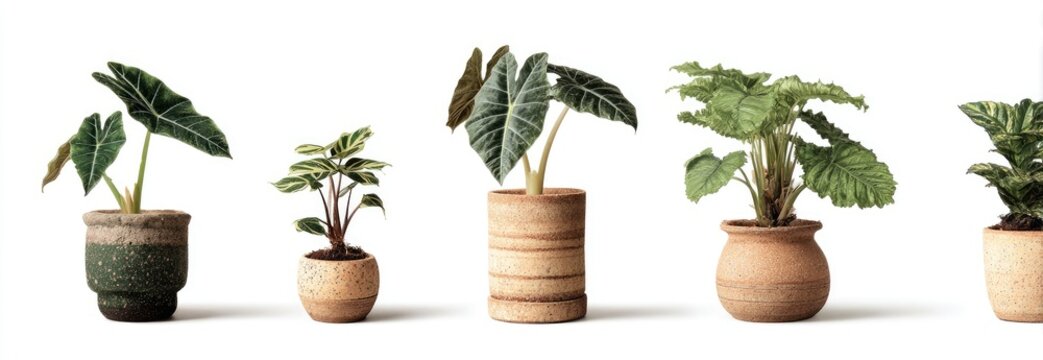 Five potted plants in various textures and shapes, displayed against a plain white background.  Potted foliage in muted tones, presented for display