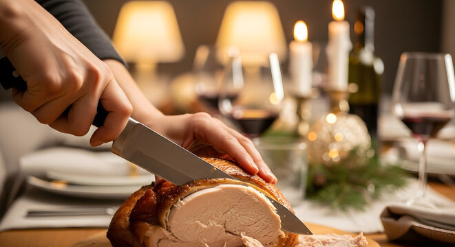 arving roasted turkey breast at festive dinner table with warm candlelight and holiday decorations, cozy family celebration atmosphere, close-up food photography