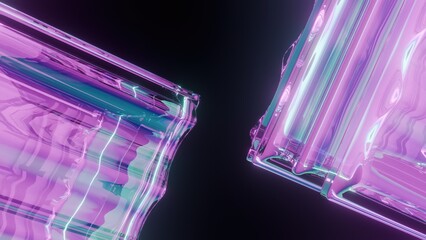 3D neon glass panels with cyan and magenta glow on dark background, moody reflective abstract scene for futuristic tech posters and digital wallpapers

