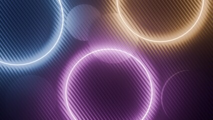 glowing neon ring lights over diagonal striped gradient background in blue, purple, and warm gold, modern abstract wallpaper