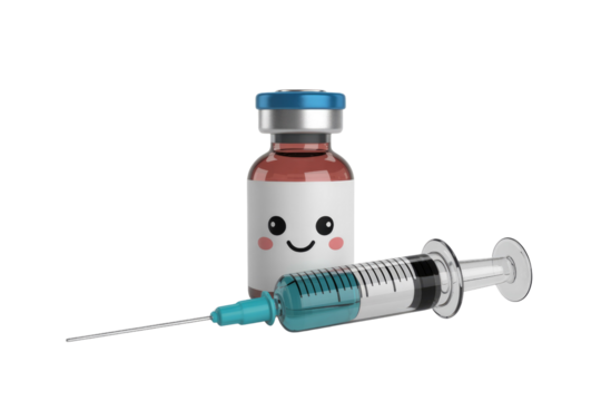 A cute cartoon vial and syringe, filled with teal liquid, symbolize vaccination. background removed