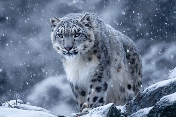 Majestic snow leopard braving a winter storm in its natural habitat.