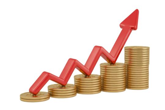 Upward trending red arrow on top of increasing stacks of gold coins representing financial growth and investment success. background removed