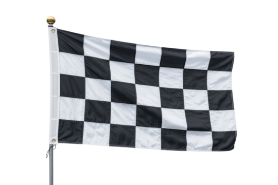 A checkered flag, a symbol of victory and finish line, waves in the wind. background removed - Powered by Adobe