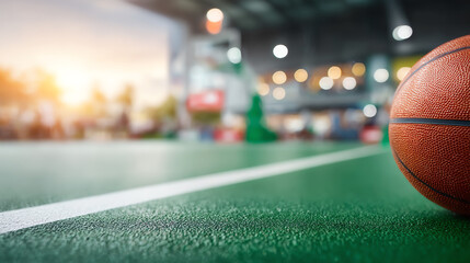 A close-up of a basketball on a green court, with a blurred background showing an indoor sports facility during sunset.