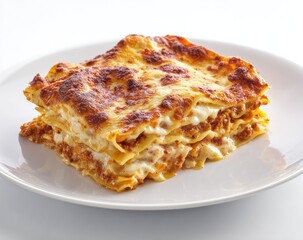 A portion of lasagna, golden-brown and bubbly, sits on a white plate against a plain white background.  Layers of pasta and meat sauce are visible, topped with a melted cheese layer