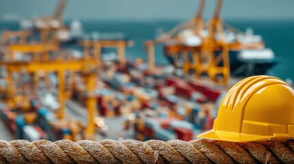 A close-up of a yellow hard hat resting on a rope, with shipping containers and cranes in the background highlighting industrial activity.