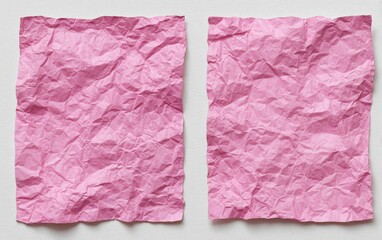 Two crumpled pink squares of paper on a white background