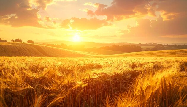 Warm sunset over a golden wheat field with soft wind movement, creating a dreamy countryside atmosphere. Ideal for nature, harvest, or organic product backgrounds.