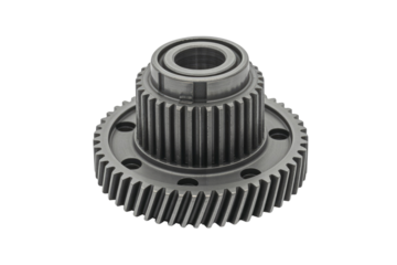 A detailed close-up of a metallic gear component with intricate details, isolated on a transparent background. background removed