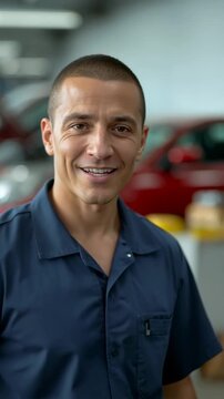 A positive mechanic extends his hand for a handshake in a car repair shop