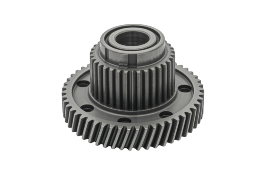 A detailed close-up of a metallic gear component with intricate details, isolated on a transparent background. background removed
