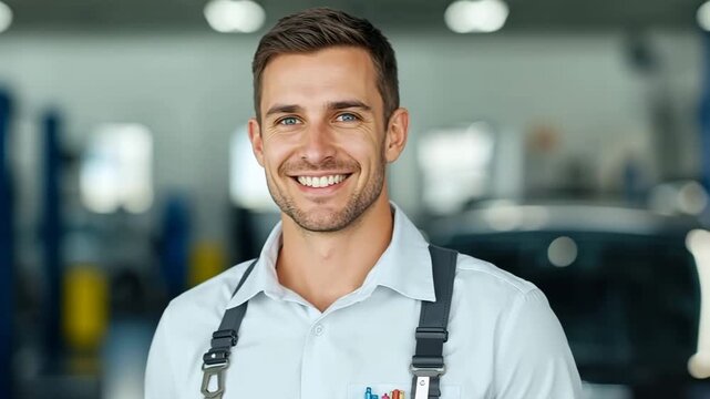 A positive mechanic extends his hand for a handshake in a car repair shop