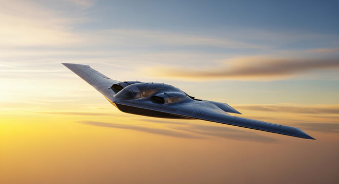 Sleek, futuristic B-2 Spirit aircraft flying through the sky. The background displays a sunset or sunrise, with a gradient of warm colors like orange and yellow blending into blue.