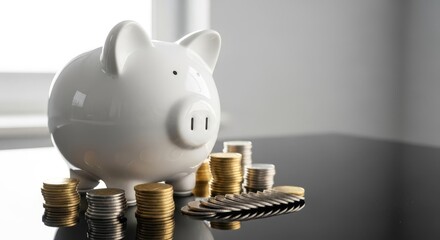 Piggy Bank with Gold and Silver Coins on Reflective Surface: Savings and Finance Concept