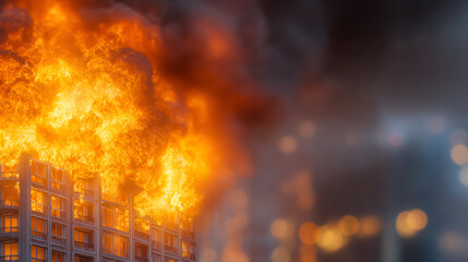 Fototapeta premium A dramatic scene of a large building engulfed in flames, showcasing the intensity and destruction of fire in an urban environment.