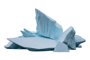 A cluster of light blue icebergs, isolated on a transparent background, showcasing intricate textures and shapes. background removed