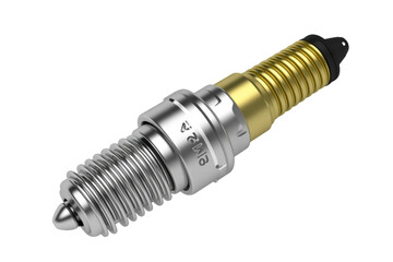 A 3D rendering of a metallic spark plug with gold accents, isolated on a transparent background. background removed