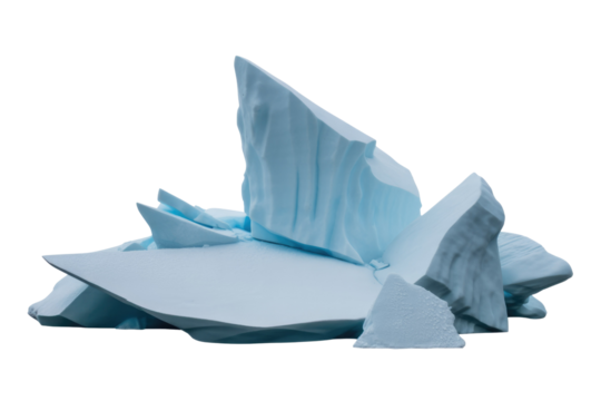 A cluster of light blue icebergs, isolated on a transparent background, showcasing intricate textures and shapes. background removed
