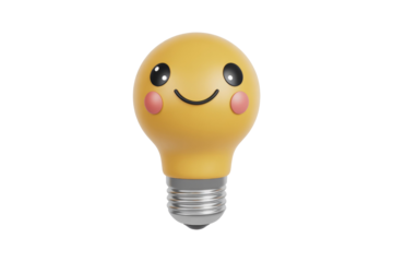 A happy, cartoonish lightbulb with a smiling face, 3D rendered. background removed