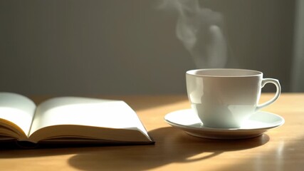 Open book and steaming cup of coffee sit on a wooden table in warm sunlight - Powered by Adobe