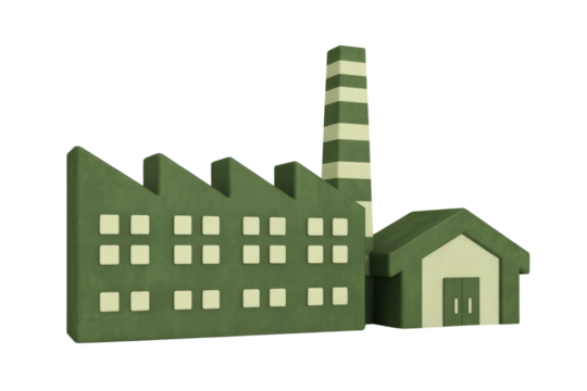 Cartoonish 3D model of a green factory with a striped chimney and small building. background removed