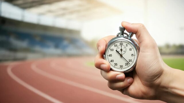 Stopwatch in hand with race track background, representing speed and time
