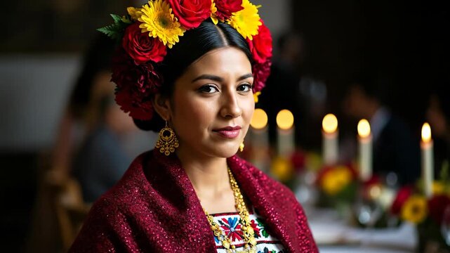 A young, beautiful woman wearing a red and yellow flower crown on her head, marigold flowers, and candles in the background, wearing a bright dress, celebrates Day of the Dead. Mexican culture and hol