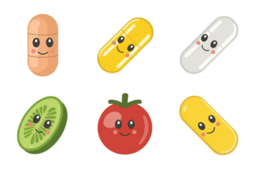 Cute cartoon illustration of pills and fruits with happy faces. background removed
