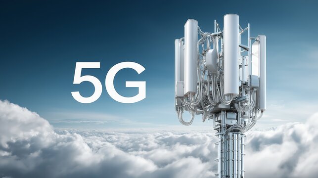 Futuristic 5G telecom tower rising above the clouds symbolizing wireless connectivity, modern communication infrastructure and next-generation mobile technology, Generative AI