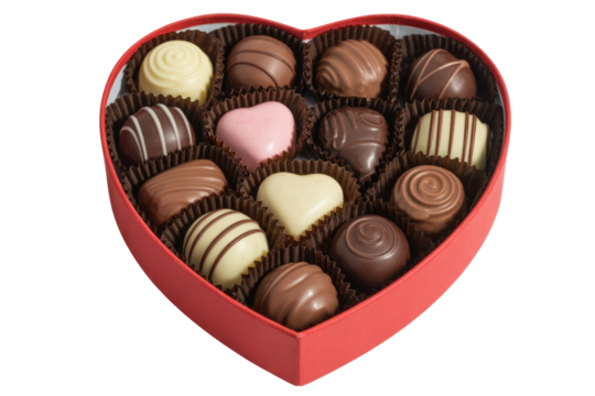 Assorted chocolates in a heart-shaped box, perfect for Valentine's Day or any romantic occasion. background removed