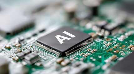 AI microchip on a green circuit board representing advanced computing power, artificial intelligence hardware and modern electronic engineering precision, Generative AI