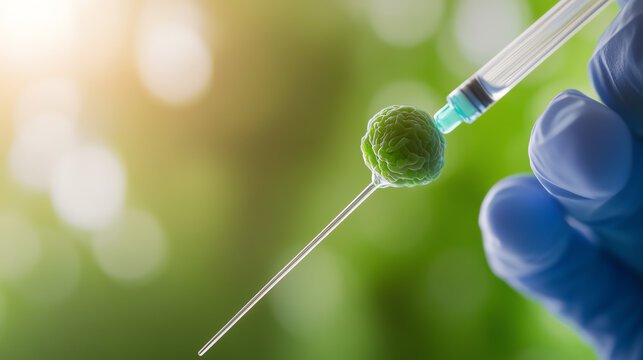A scientist holds a syringe with a green microbe, symbolizing advancements in biotechnology and environmental research.