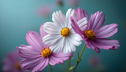 Fototapeta premium Colorful cosmos flowers in bloom against a soft blue background during springtime