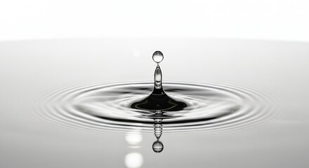 A high-speed, monochromatic photograph captures the moment a single water droplet impacts a body of still water, creating a small, transient column of water known as a Worthington jet.