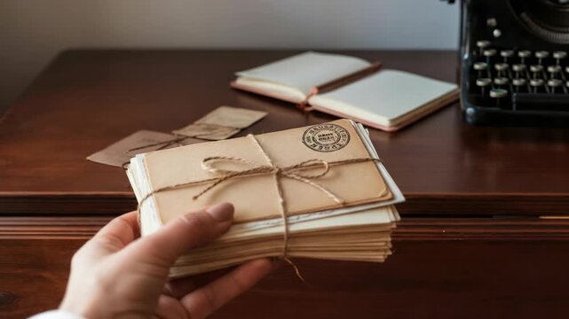 Hand holding vintage letters tied with twine, nostalgic and historical theme