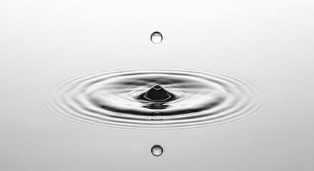 A high-speed photograph captures the precise moment of a water drop impact, rendered in monochrome shades of gray and white.