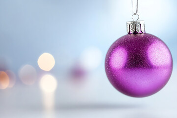 Fototapeta premium A sparkling purple ornament glimmers against a softly blurred background, perfect for holiday and festive season themes.