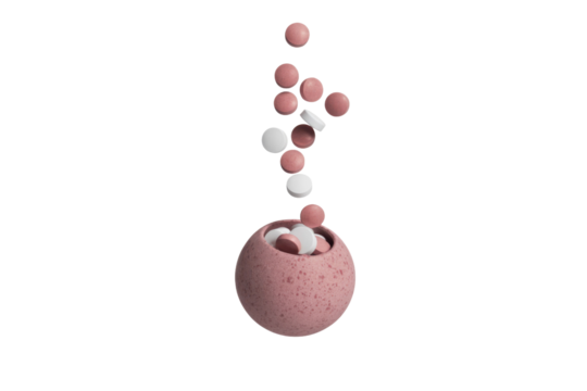 Pink and white pills falling into a spherical container against a transparent background. background removed