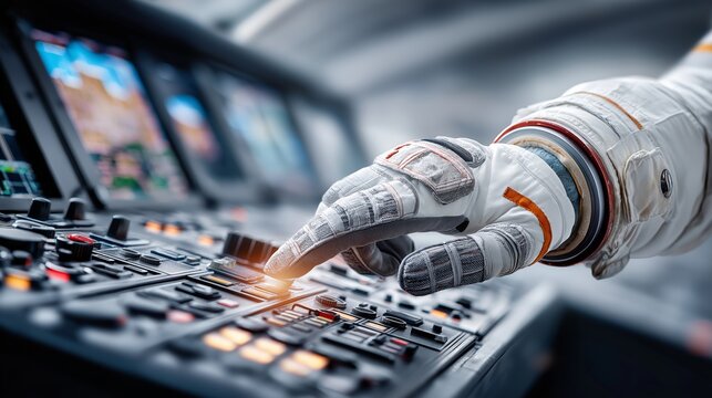 Astronaut operating a spacecraft control panel with illuminated buttons representing precision, mission technology and advanced space navigation, Generative AI