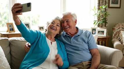 Cheerful senior couple taking a selfie together at home while sitting on the sofa - Powered by Adobe