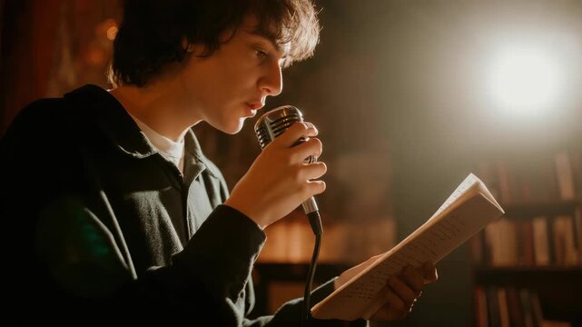 Young male poet performing poetry reading with microphone in warm light