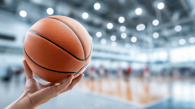 Hand gripping a basketball in a bright indoor sports arena capturing energy, competition atmosphere and the anticipation of game action, Generative AI