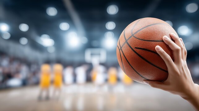 Hand gripping a basketball in a bright indoor sports arena capturing energy, competition atmosphere and the anticipation of game action, Generative AI